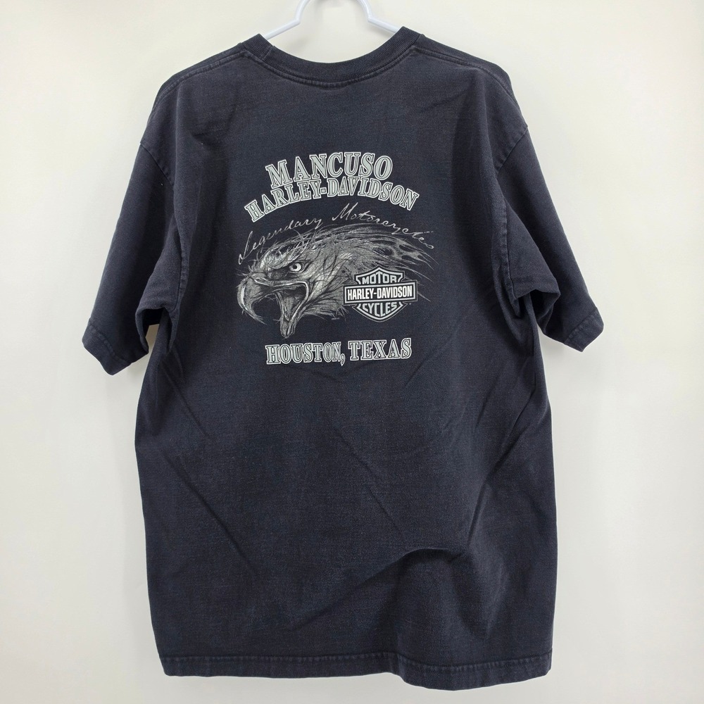 90s Harley Davidson T-Shirt Men XL Faded Black Houston TX Eagle USA Made Vintage